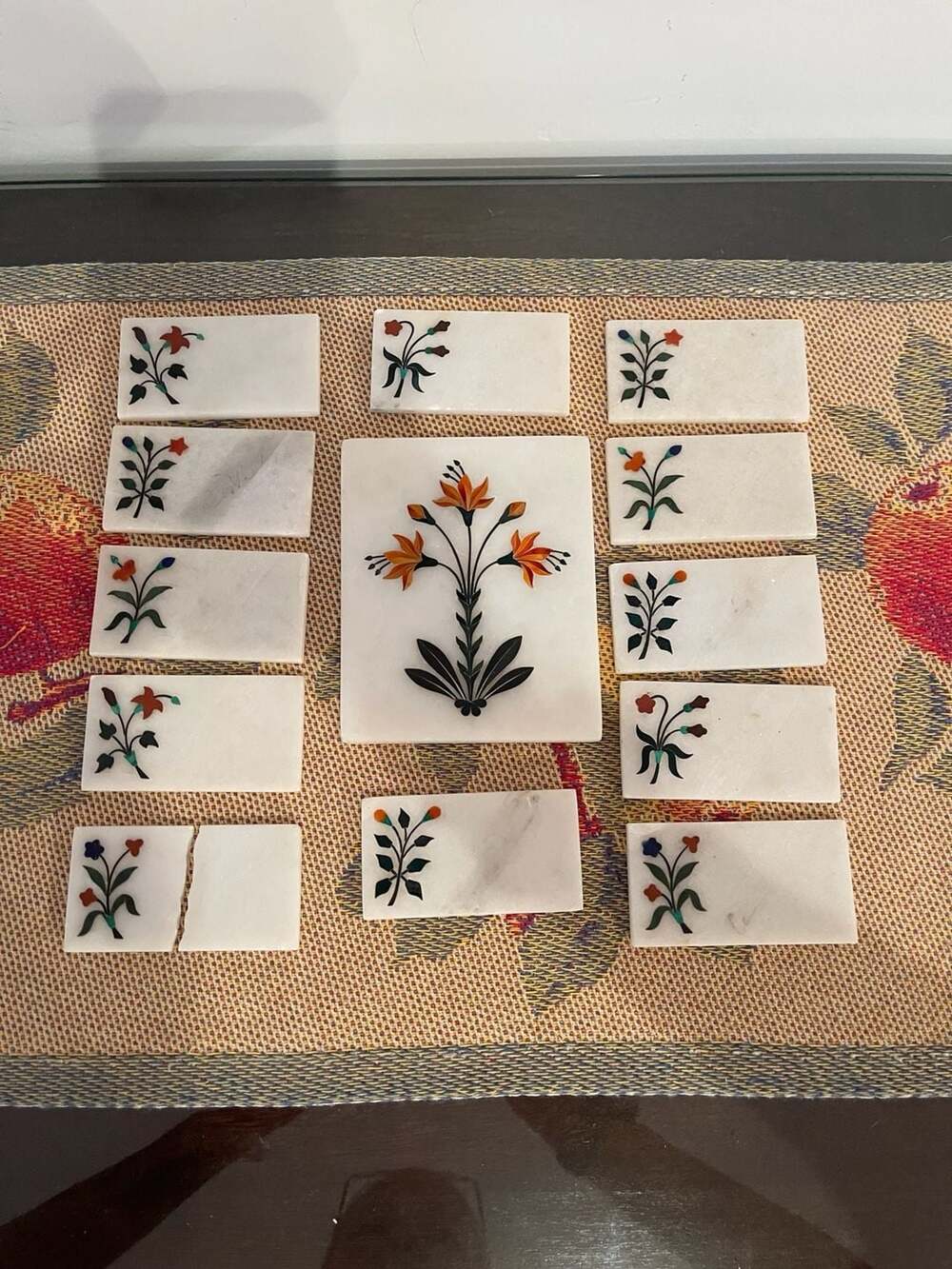 Vintage Pietra Dura Marble Inlay Tile Set with Floral Motif